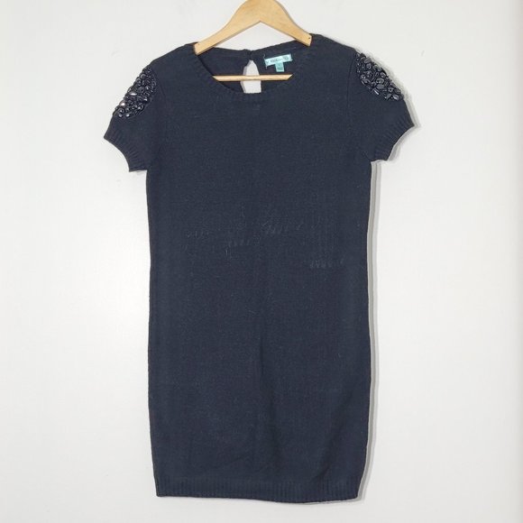 JJ Authentic Black Knit Mini Sweater Tunic Dress Shory Sleeve Sequins Keyhole L - Picture 1 of 10